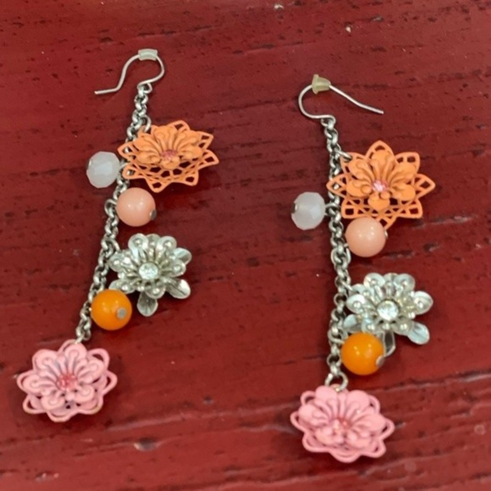 Fashion Jewelry Orange Pink Flower Silver Tone Dangle Earrings # 222